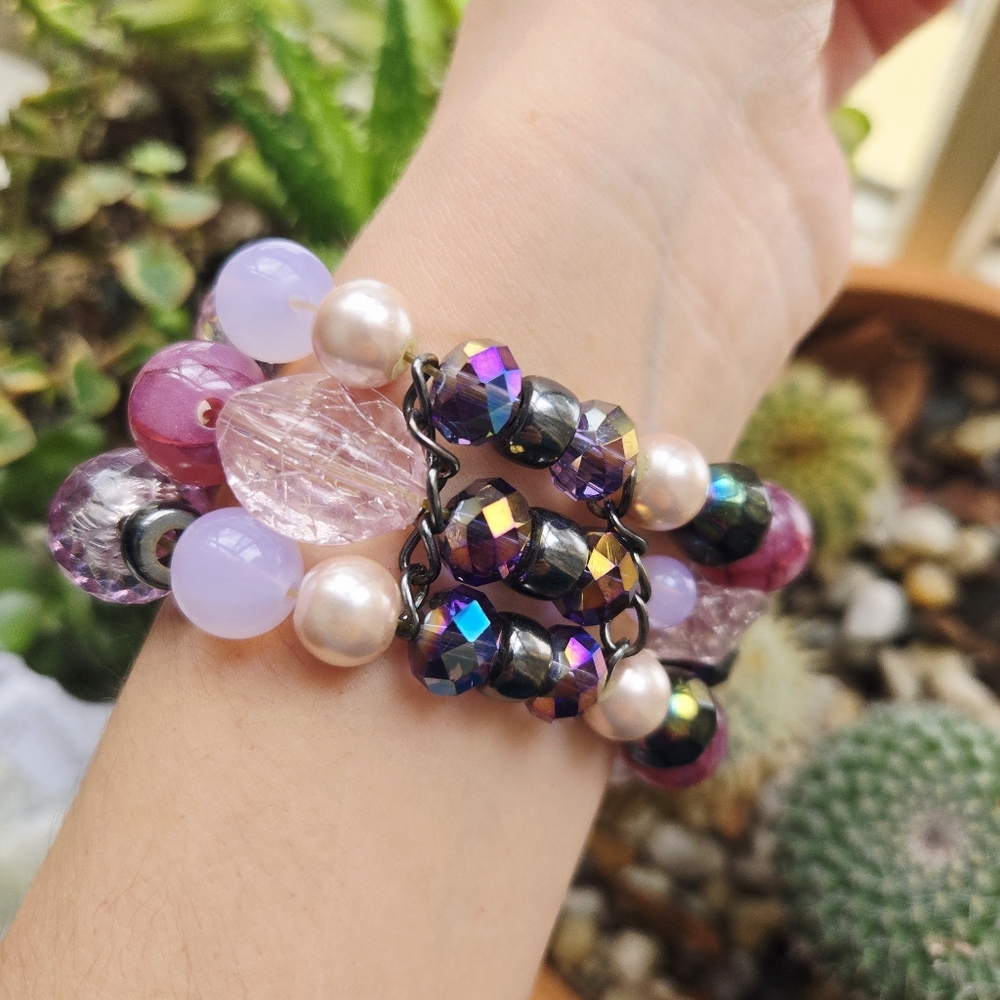 Vintage Purple & Pink Oversized Boho Bohemian Bead Layer Beaded Stretch Bracelet - Picture 9 of 11
